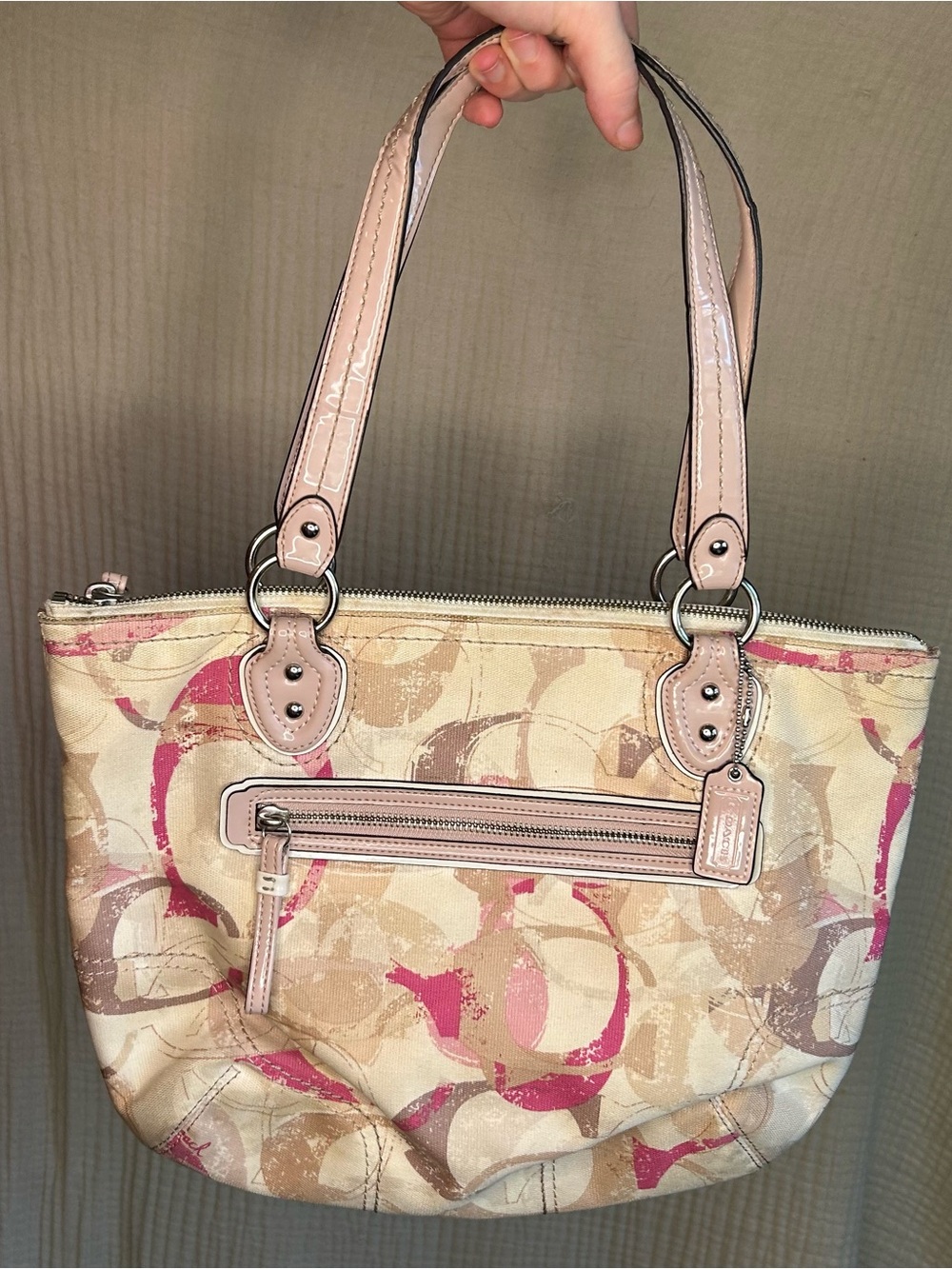 Coach Canvas Tote Bag in Pink and Beige with Leather Trim